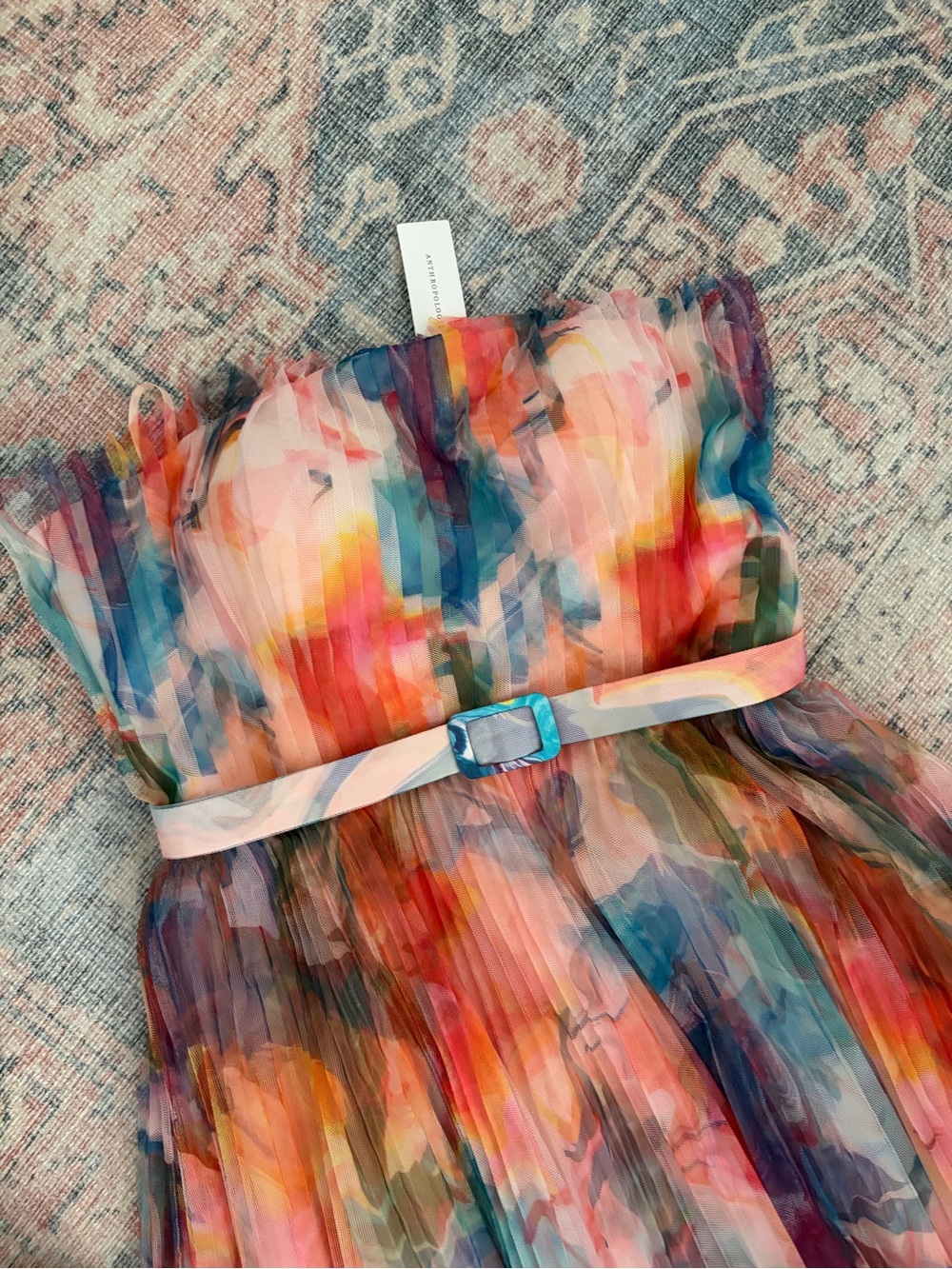 Anthropologie Multicolor Watercolor Midi Dress with Belt - Picture 2 of 3